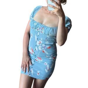 Olivaceous S Blue Boho Floral Milkmaid Button Ruched Short Cap Sleeve Mini Dress